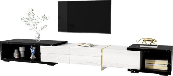 TV skříňka Fortuna Lai s nastavitelnou délkou (140-260 cm) - 3 výklopná dvířka - vzhled černého mramoru - bílá a černá