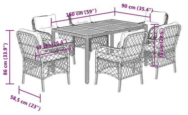 7dílný zahradní jídelní set s poduškami černý polyratan 3212045