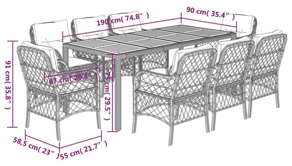 9dílný zahradní jídelní set s poduškami černý polyratan 3212041