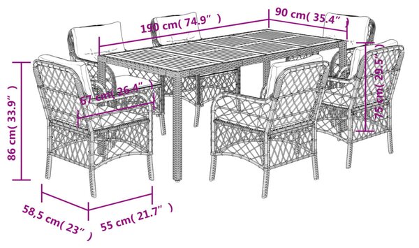 7dílný zahradní jídelní set s poduškami černý polyratan 3212046