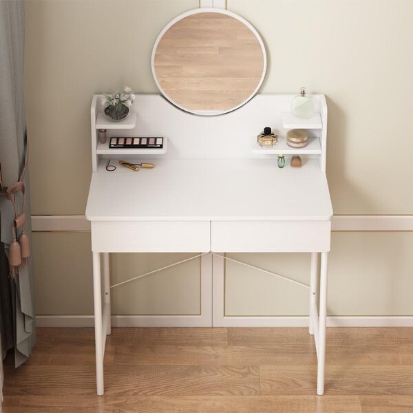 Elegantní bílý toaletní stolek do ložnice se zrcadlem a zásuvkami v moderním stylu