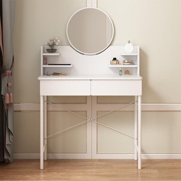 Elegantní bílý toaletní stolek do ložnice se zrcadlem a zásuvkami v moderním stylu