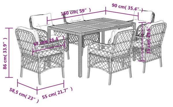 7dílný zahradní jídelní set s poduškami šedý polyratan 3212051