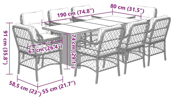 9dílný zahradní jídelní set s poduškami černý polyratan 3212057