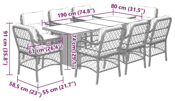 9dílný zahradní jídelní set s poduškami černý polyratan 3212055