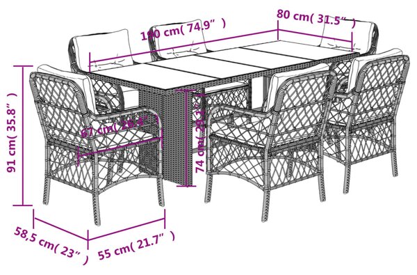 7dílný zahradní jídelní set s poduškami černý polyratan 3212054