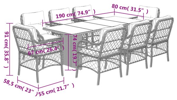 9dílný zahradní jídelní set s poduškami béžový polyratan 3212063