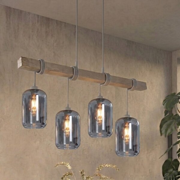 Brilagi - Lustr na lanku WOOD GLASS 4xE27/60W/230V borovice/šedá/kouř šedá