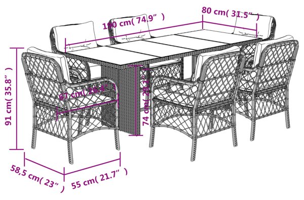 7dílný zahradní jídelní set s poduškami světle šedý polyratan 3212066