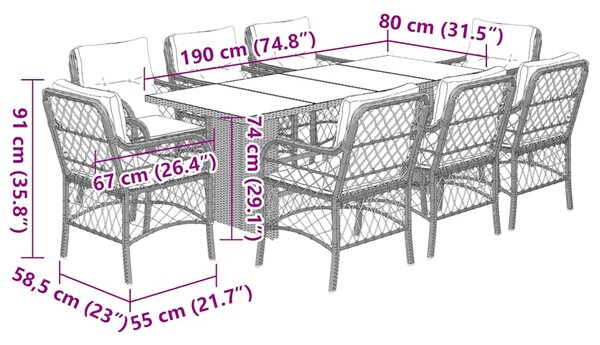 9dílný zahradní jídelní set s poduškami světle šedý polyratan 3212067