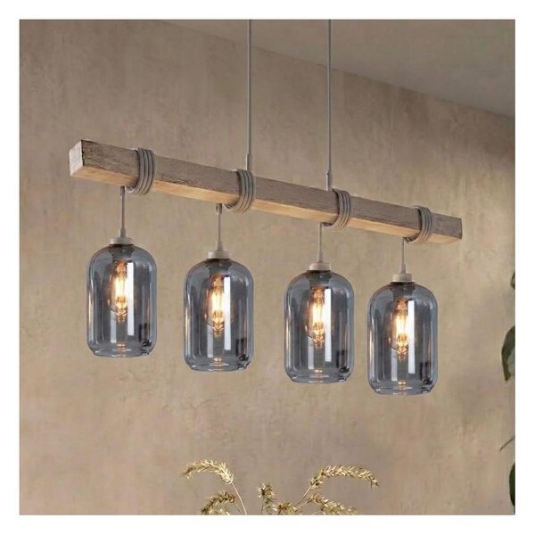 Brilagi - Lustr na lanku WOOD GLASS 4xE27/60W/230V borovice/šedá/kouř šedá