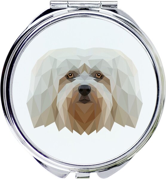 Zrcadlo značky Art-Dog s potiskem fotografie havanského psíka a geometrických vzorů. (Havanský pes, Bichon Havanais, Bichón Habanero)
