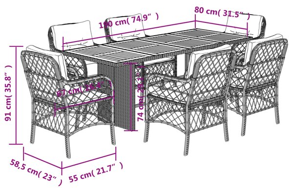 7dílný zahradní jídelní set s poduškami černý polyratan 3212072