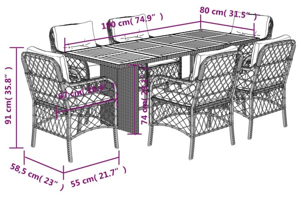 7dílný zahradní jídelní set s poduškami černý polyratan 3212070