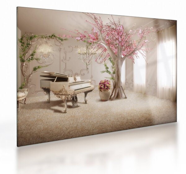 Skleněný obraz - Snový interiér s klavírem (70x50 cm)