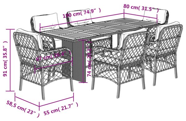 7dílný zahradní jídelní set s poduškami mix béžové polyratan 3212078