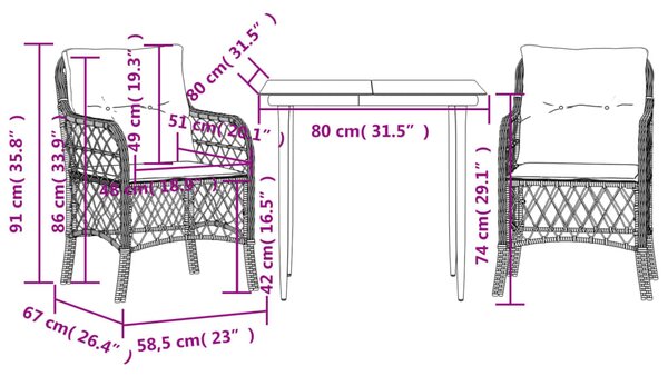 3dílný bistro set s poduškami černý polyratan 3212082