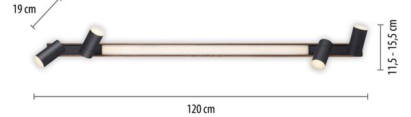 PURE Stropní svítidlo LED Lines, 120 cm, černé, dřevo, dálkové ovládání, stmívatelný, Světlé dřevo, Obývací pokoj / jídelna, Hliník