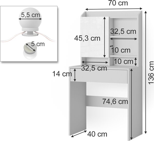 Toaletní stolek Vicco Laura Bílá 70 cm s LED osvětlením, Model 38280
