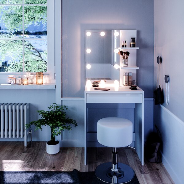 Toaletní stolek Vicco Isabelle Bílá 60 cm s LED osvětlením a taburetem, Model 34447
