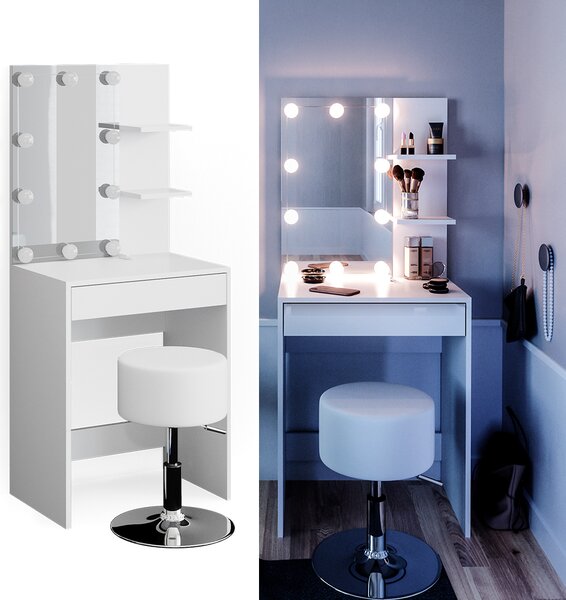 Toaletní stolek Vicco Isabelle Bílá 60 cm s LED osvětlením a taburetem, Model 34447