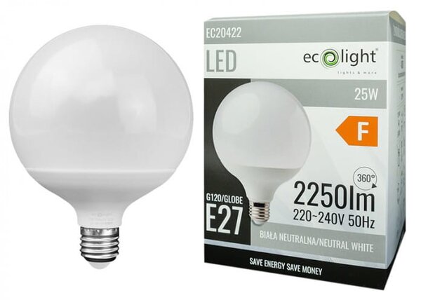 ECOLIGHT LED žárovka - E27 - 25W - G120 - neutrální bílá
