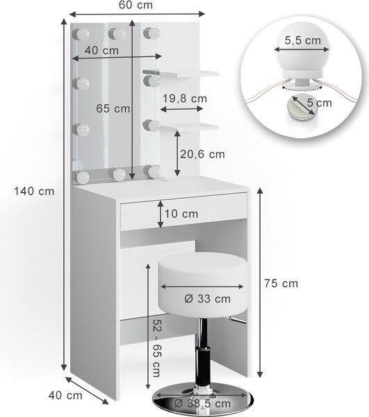 Toaletní stolek Vicco Isabelle Bílá 60 cm s LED osvětlením a taburetem, Model 34447