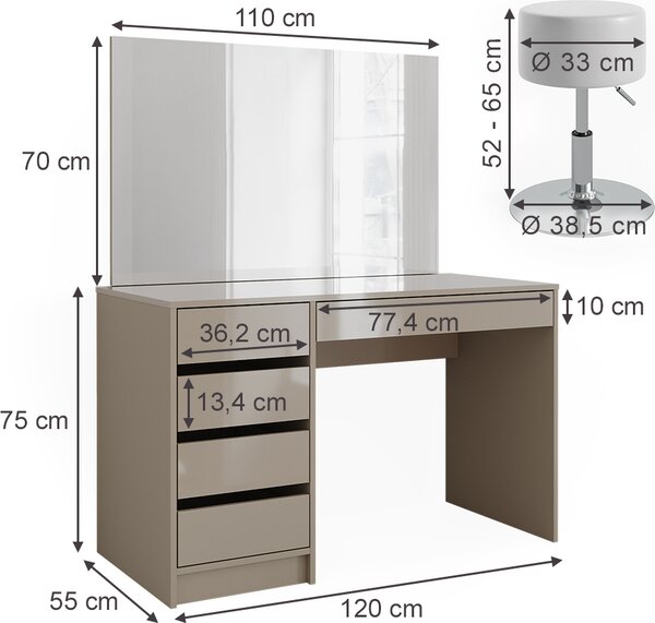 Toaletní stolek Vicco Sherry Greige 120 cm se stoličkou, Model 47704