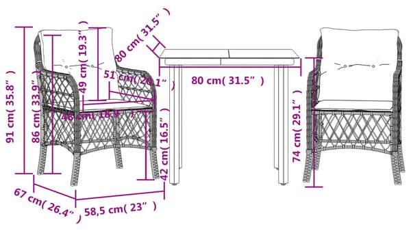 3dílný bistro set s poduškami světle šedý polyratan 3212173