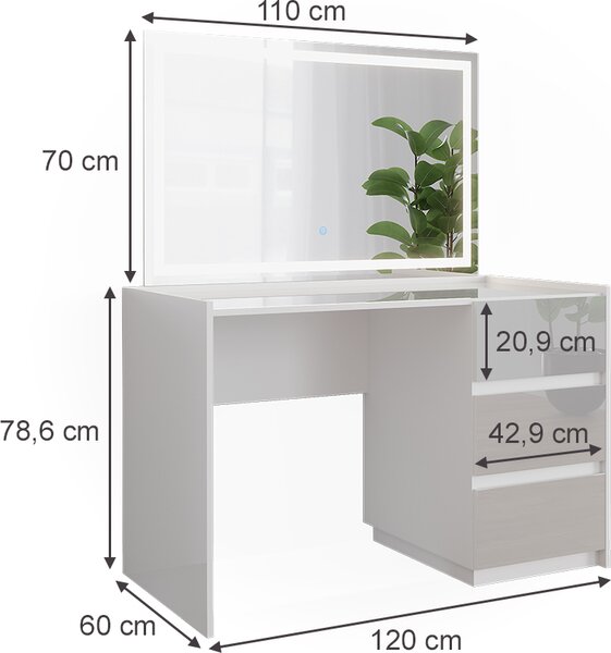 Toaletní stolek Vicco Marla Bílá vysoký lesk 120 cm se zrcadlem LED, Model 51986