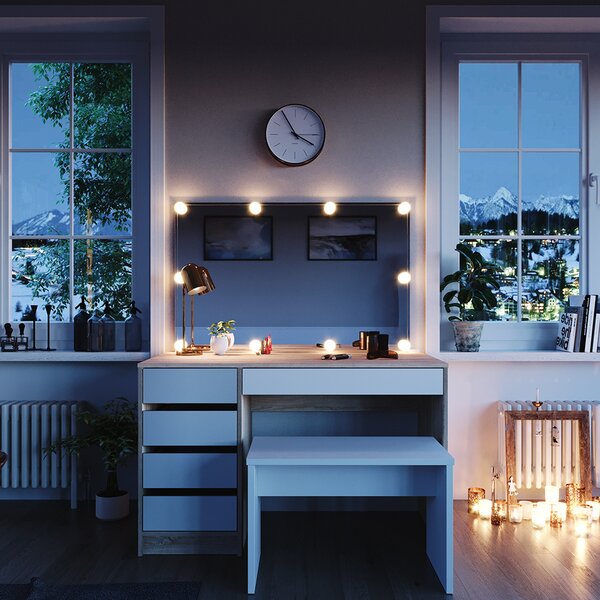 Toaletní stolek Vicco Sherry Bílá/Sonoma 120 cm s osvětlením LED a lavičkou, Model 36883