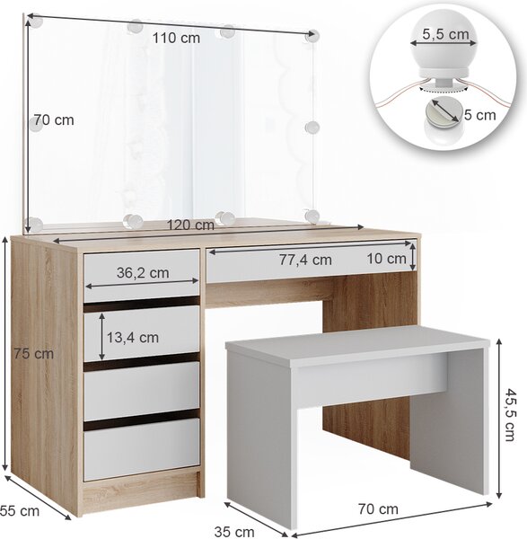 Toaletní stolek Vicco Sherry Bílá/Sonoma 120 cm s osvětlením LED a lavičkou, Model 36883