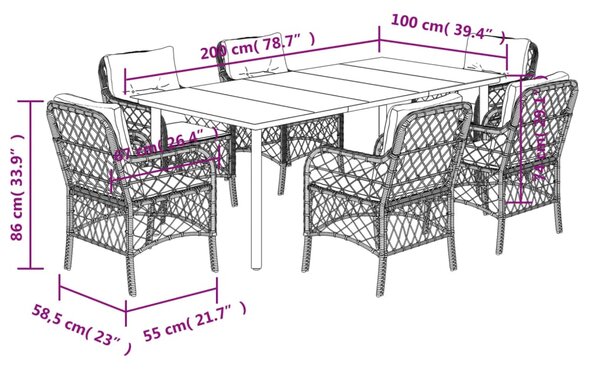 7dílný zahradní jídelní set s poduškami mix béžové polyratan 3212164