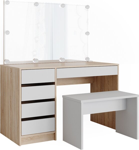 Toaletní stolek Vicco Sherry Bílá/Sonoma 120 cm s osvětlením LED a lavičkou, Model 36883