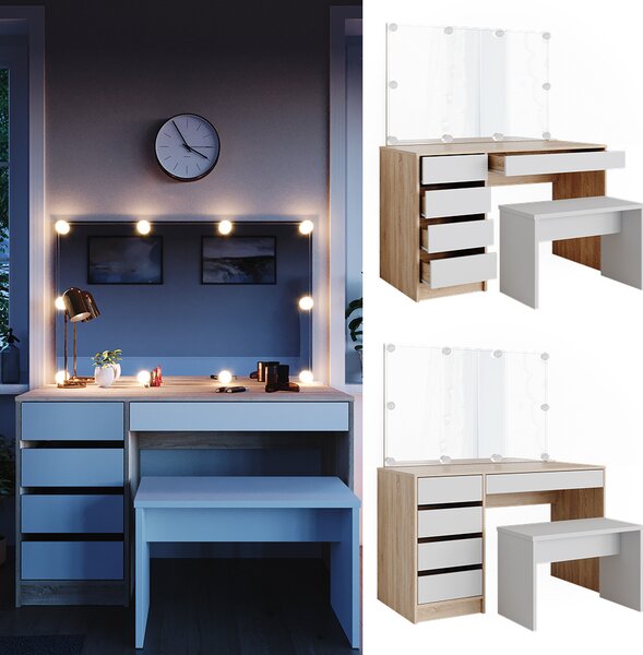 Toaletní stolek Vicco Sherry Bílá/Sonoma 120 cm s osvětlením LED a lavičkou, Model 36883