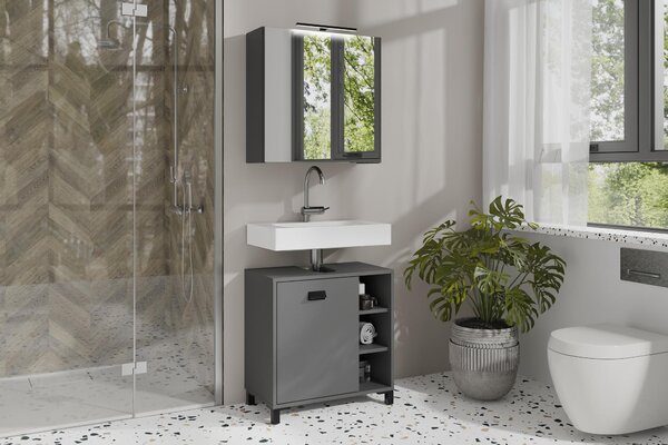 ByLIVING SPREE zrcadlová skříňka / Matný antracitový korpus se zrcadlovými dvířky / Nástěnná skříňka s funkcí tichého zavírání / Včetně LED osvětlení / Koupelnová skříňka se zásuvkou a vypínačem / Š 60, V 60, H 20 cm