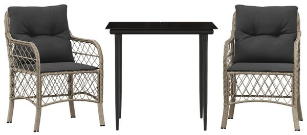 3dílný bistro set s poduškami světle šedý polyratan 3212166