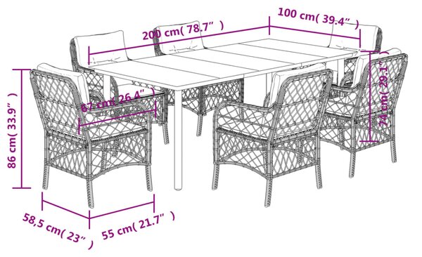 7dílný zahradní jídelní set s poduškami světle šedý polyratan 3212178