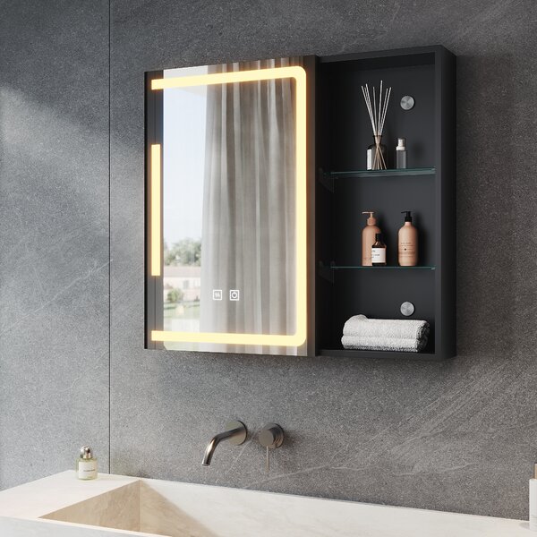 SONNI Jednodveřová zrcadlová skříňka 65x60x13cm s dvojitým dotykovým spínačem Nastavitelné světlo a tma Tři barevné teploty s funkcí proti zamlžení