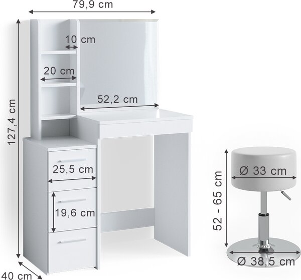 Toaletní stolek Vicco Meryl Bílá 80 cm s taburetem, Model 36204