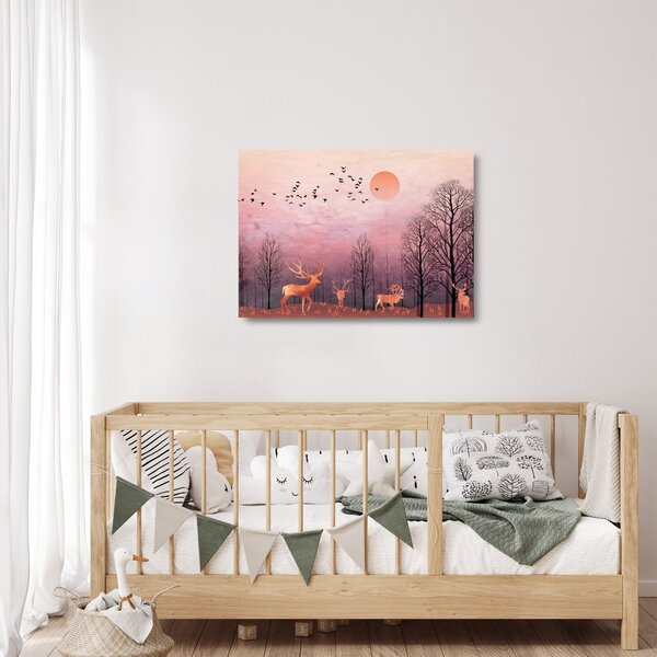 Skleněný obraz - Jeleni v záři zapadajícího slunce (70x50 cm)