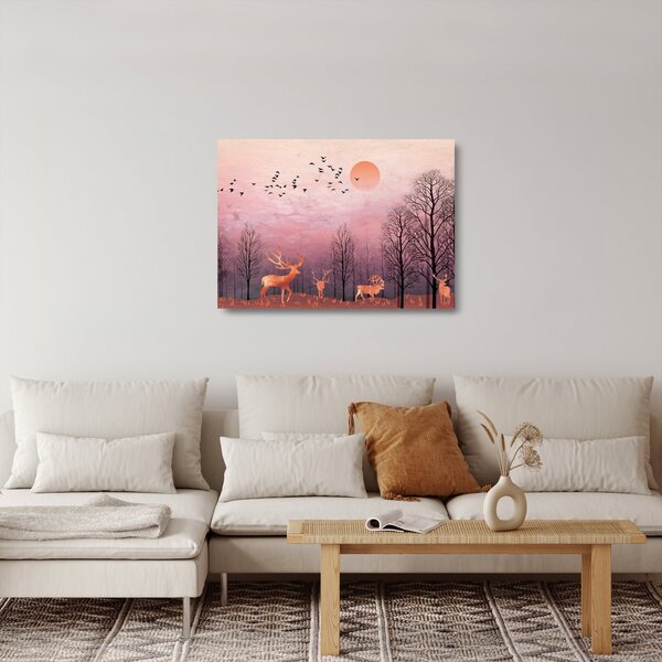 Skleněný obraz - Jeleni v záři zapadajícího slunce (70x50 cm)