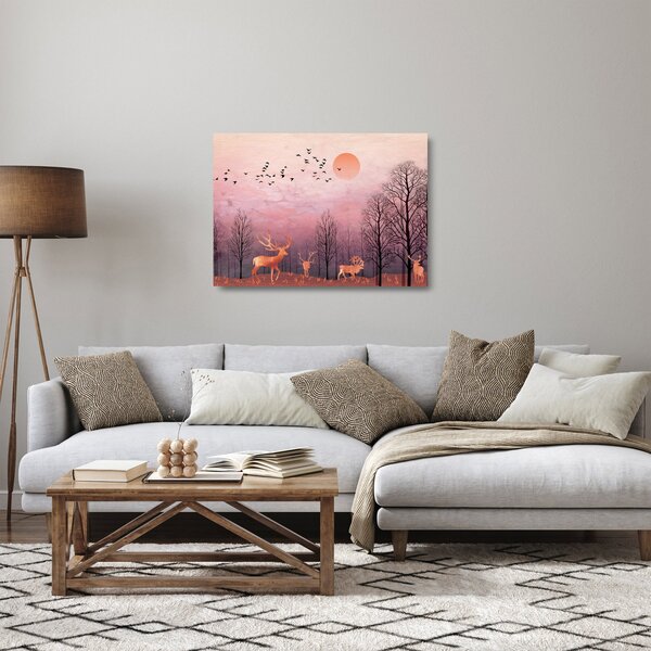 Skleněný obraz - Jeleni v záři zapadajícího slunce (70x50 cm)