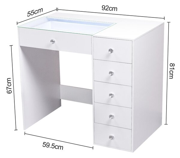 VANITII Kosmetický stolek se zrcadlem, LED osvětlením, 6 zásuvkami, bílý, 92 x 55 x 122 cm