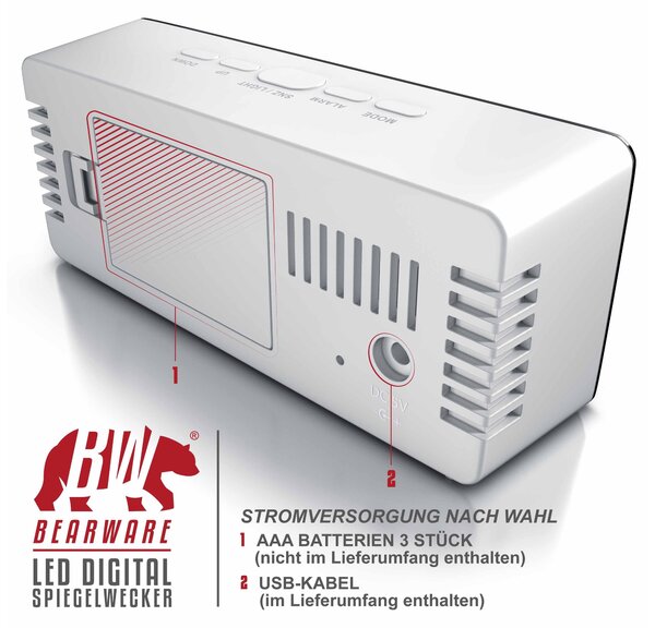 Budík Bearware, digitální zrcadlový budík LED s nočním režimem a zobrazením teploty, kosmetické zrcátko
