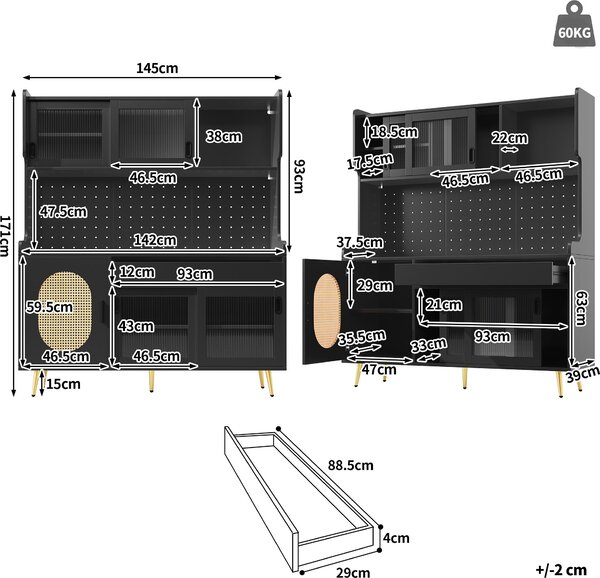 Kuchyňská skříňka Flieks s LED lištou a organizérem, úložná skříňka s dveřmi z rýhovaného skla, bufetová skříňka 145 x 39 x 171 cm, černá