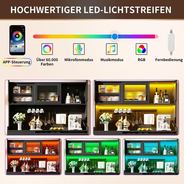 Kuchyňská skříňka Flieks s LED lištou a organizérem, úložná skříňka s dveřmi z rýhovaného skla, bufetová skříňka 145 x 39 x 171 cm, černá