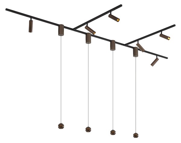 Moderní kolejnicový systém s 6 bodovými světly a 4 závěsnými svítidly Easylift tmavě bronzová 1-fázový - Slimline Uzzy Tira