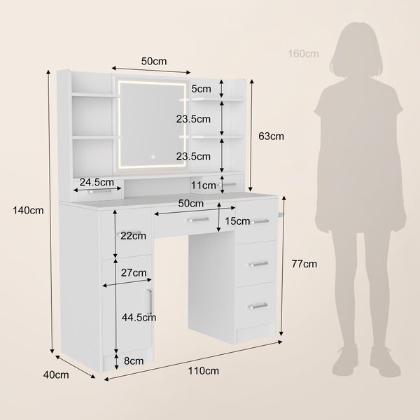 Toaletní stolek Fortuna Lai, s USB a LED osvětlením, 110x40x140 cm, toaletní stolek se zrcadlem a 7 zásuvkami a 1 skříňkou, nastavitelný jas, bílý