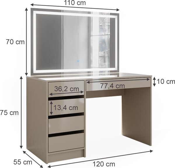 Toaletní stolek Vicco Sherry Béžový vysoký lesk 120 cm se zrcadlem LED, Model 47701